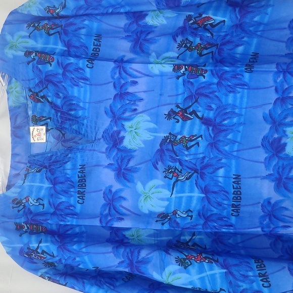 2 Piece Blue Matching Tunic & Pants Caribbean Palms & Dancers Print Resortwear - Picture 2 of 11